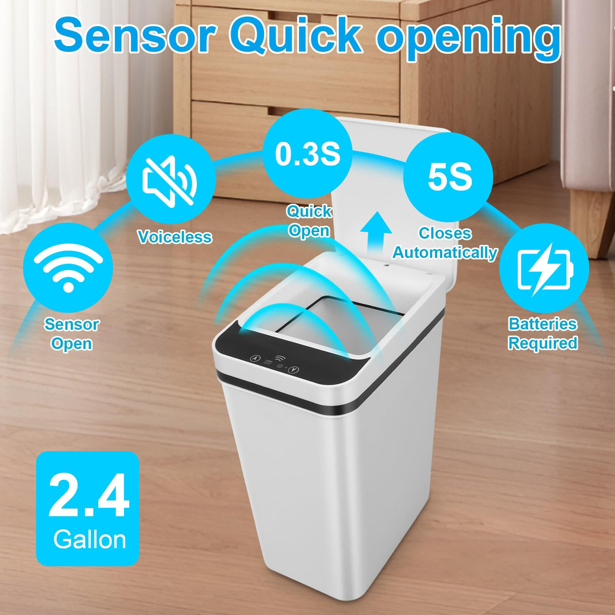 QSFWCSM 2 Pack Bathroom Trash can,Smart Touchless Trash Can,Automatic Motion Sensor Trash Bin with Lid,2.4 Gallon Garbage Can, Kitchen, Bathroom, Office, Bedroom Trash can (White+White)