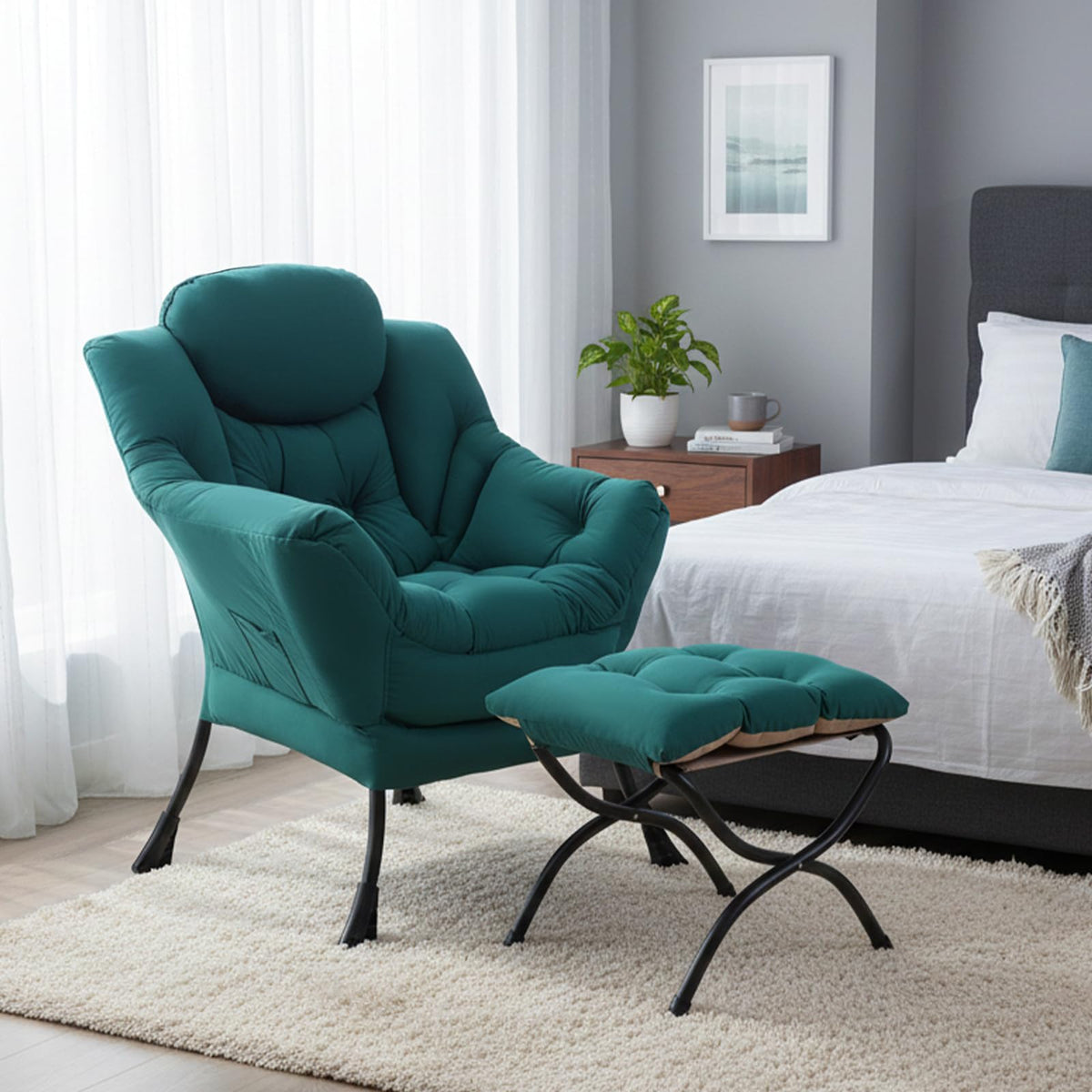SESHINELL Lazy Chair with Ottoman, Modern Accent Chair Contemporary Sofa Chair with Armrests, Reading Chair and Folding Footstool Set for Living Room, Bedroom, Office