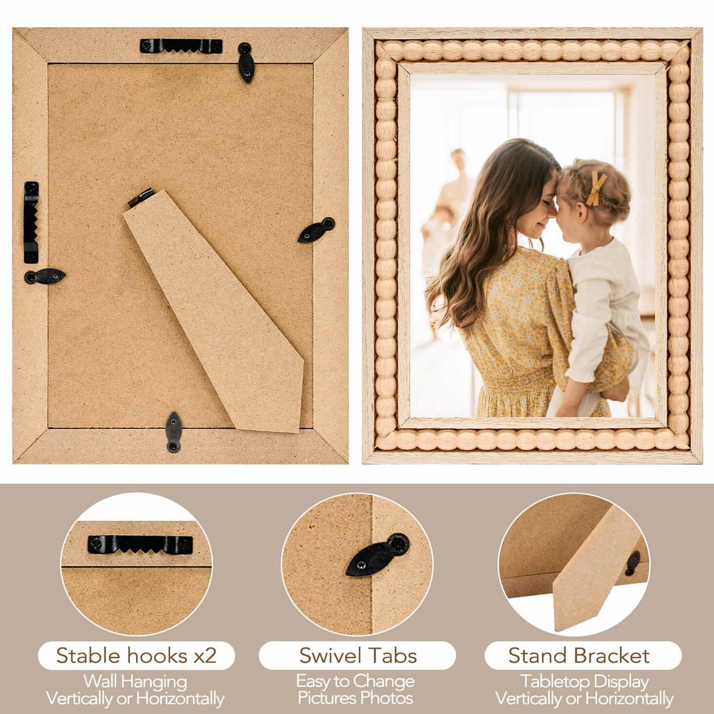 OMISHE Wood 5x7 Picture Frame with Decorative Beads for Wall Decor or Tabletop, Boho Rustic Handcrafted 5 x 7 Frame with Shatter Resitant Plexiglass, Natural