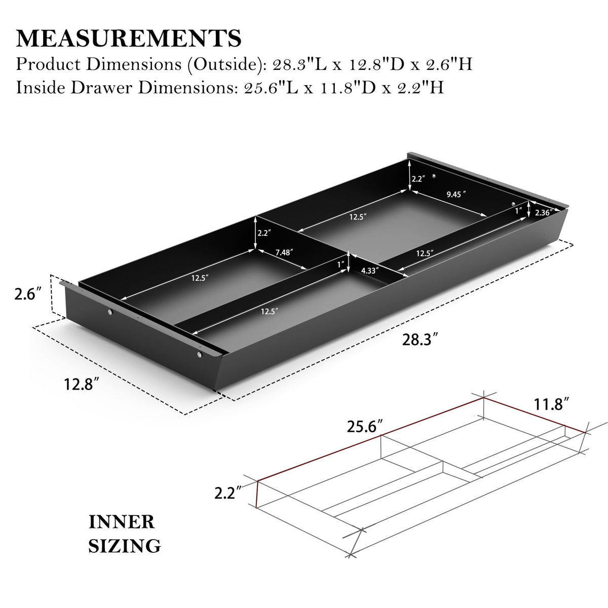 Gaxomo Under Desk Drawer 28.3" Wide, 60° Ergonomic Tilt Organizer with Multi-Compartment – Ball Bearing Slides, Fully Assembled, Under Desk Storage for Home Office Supplies