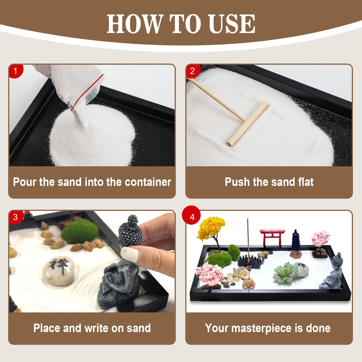 Zen Garden for Desk Decor - Premium Beautiful Japanese Mini Zen Sand Garden Kit Box for Home, Office Desk with Black Wooden Tray, White Sand, Tools, Red Gate, Buddha - Desktop Set