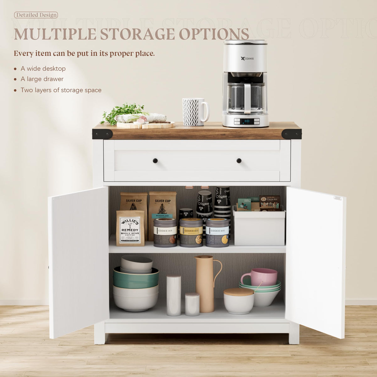 YESHOMY Coffee Bar and Accent Cabinet, Farmhouse Barn Door Buffet Sideboard with Drawer and Adjustable Shelf, Wide Desktop for Kitchen, Dining Room, Bathroom, Entryway, Rustic Brown & White