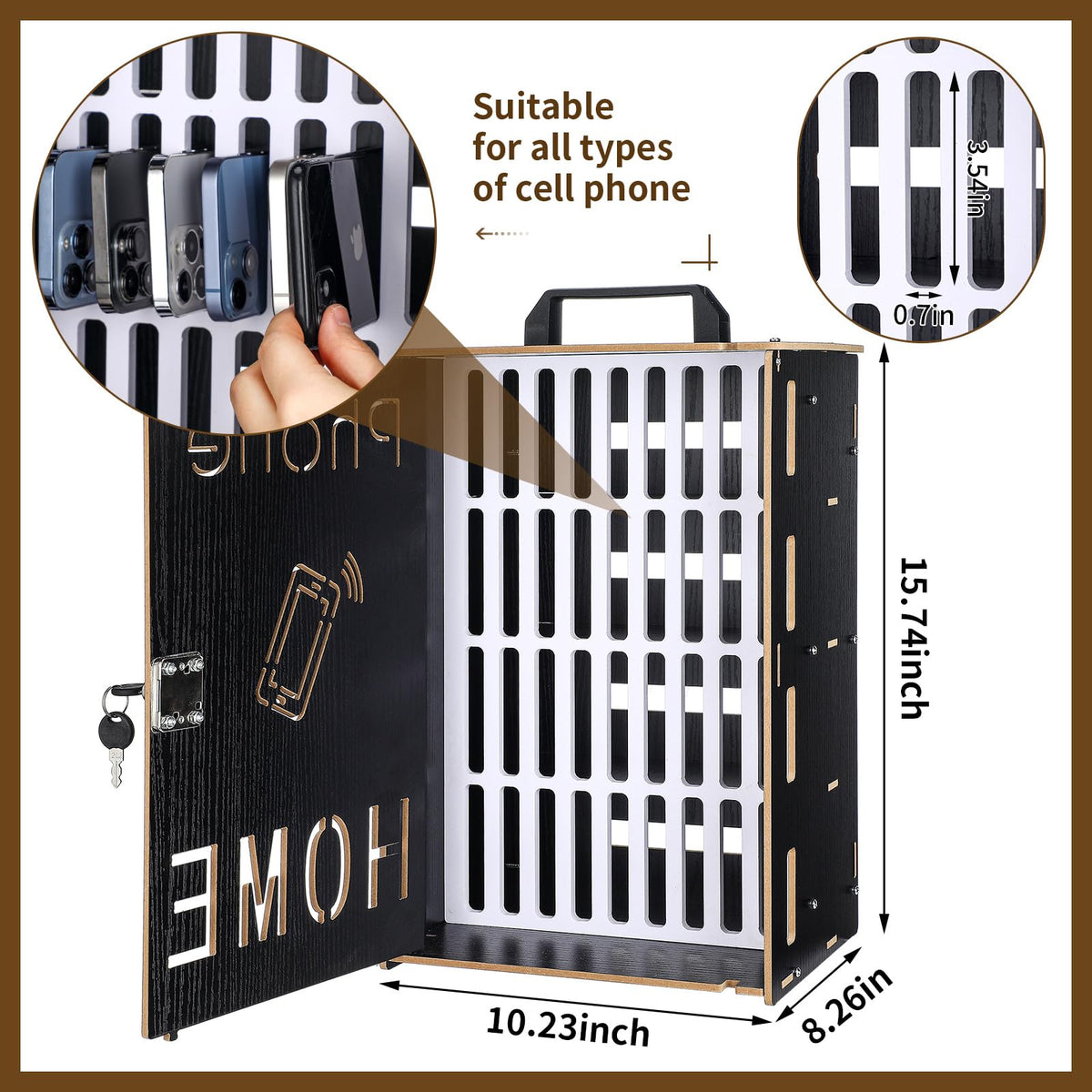 RattanView Mobile Holder Classroom 36 Slots Wooden Cell Phone Storage Cabinet Pocket Chart Phone Jail Cell Phone with Handle and Security Lock for Classroom Office and Office Meeting (Black Color)