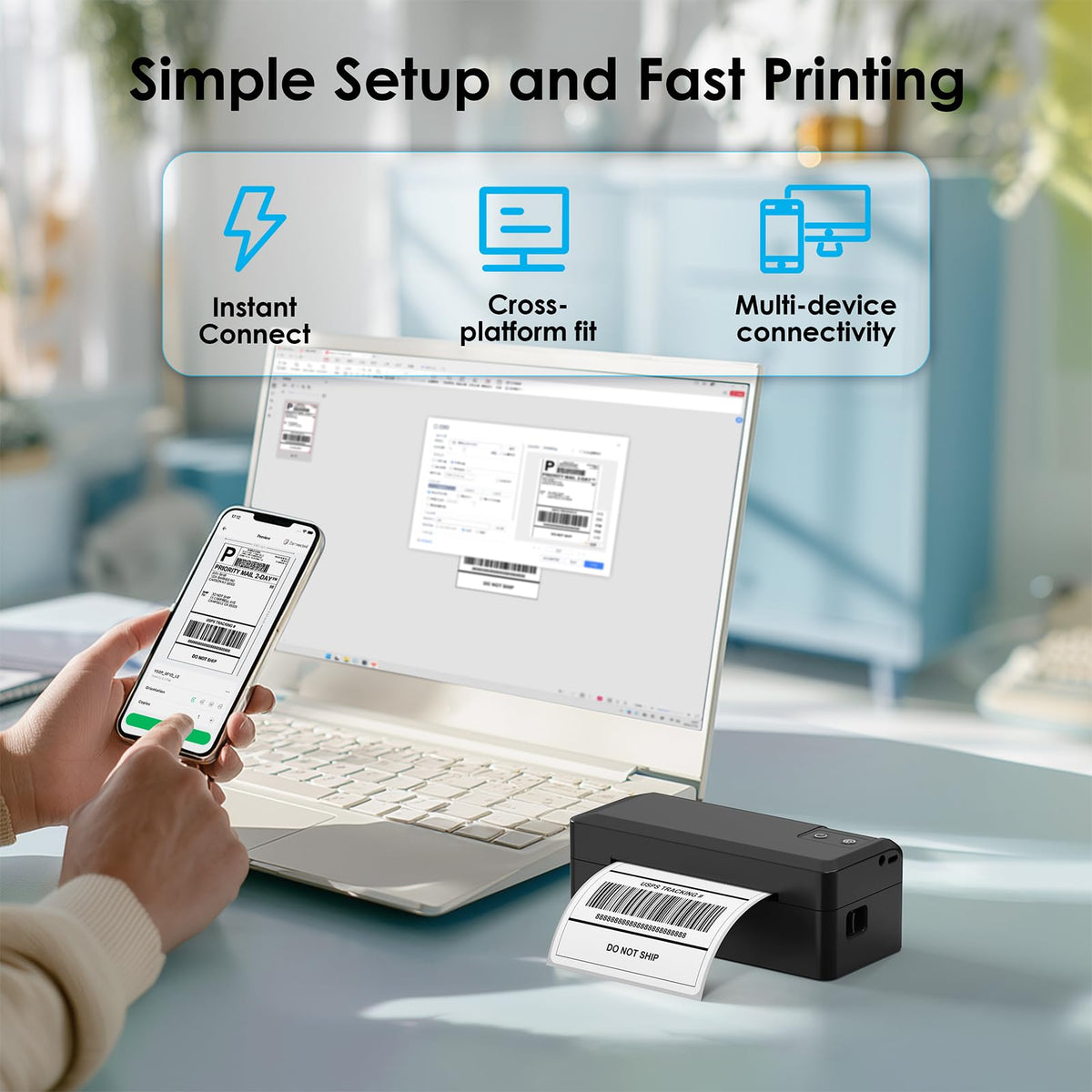 KNAON Shipping Thermal Label Printer, 4x6 Portable Label Printer, Bluetooth Label Maker for Small Business, Support iPhone,Android,Windows,Mac,Chromebook,Works with USPS, Etsy,Shopify&More, Black