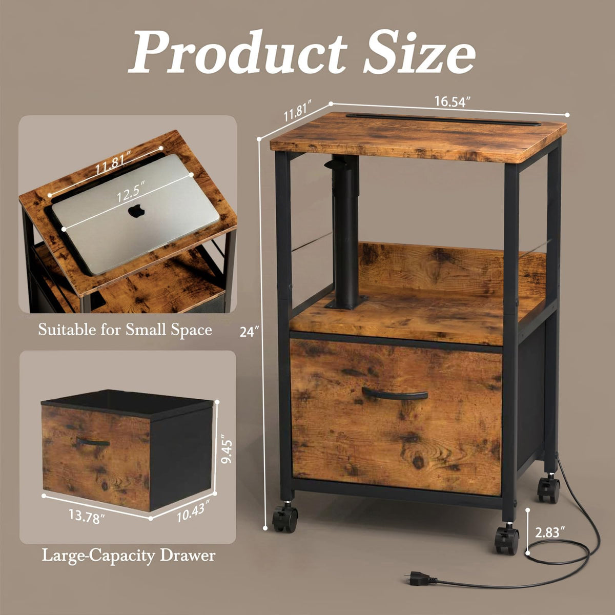 Faesun Swivel Lift Top Nightstand, Rolling Side Table for Recliner, Bedside Table with Wheels & a Fabric Drawer, for Small Spaces, for Bedroom, Living Room, Brown