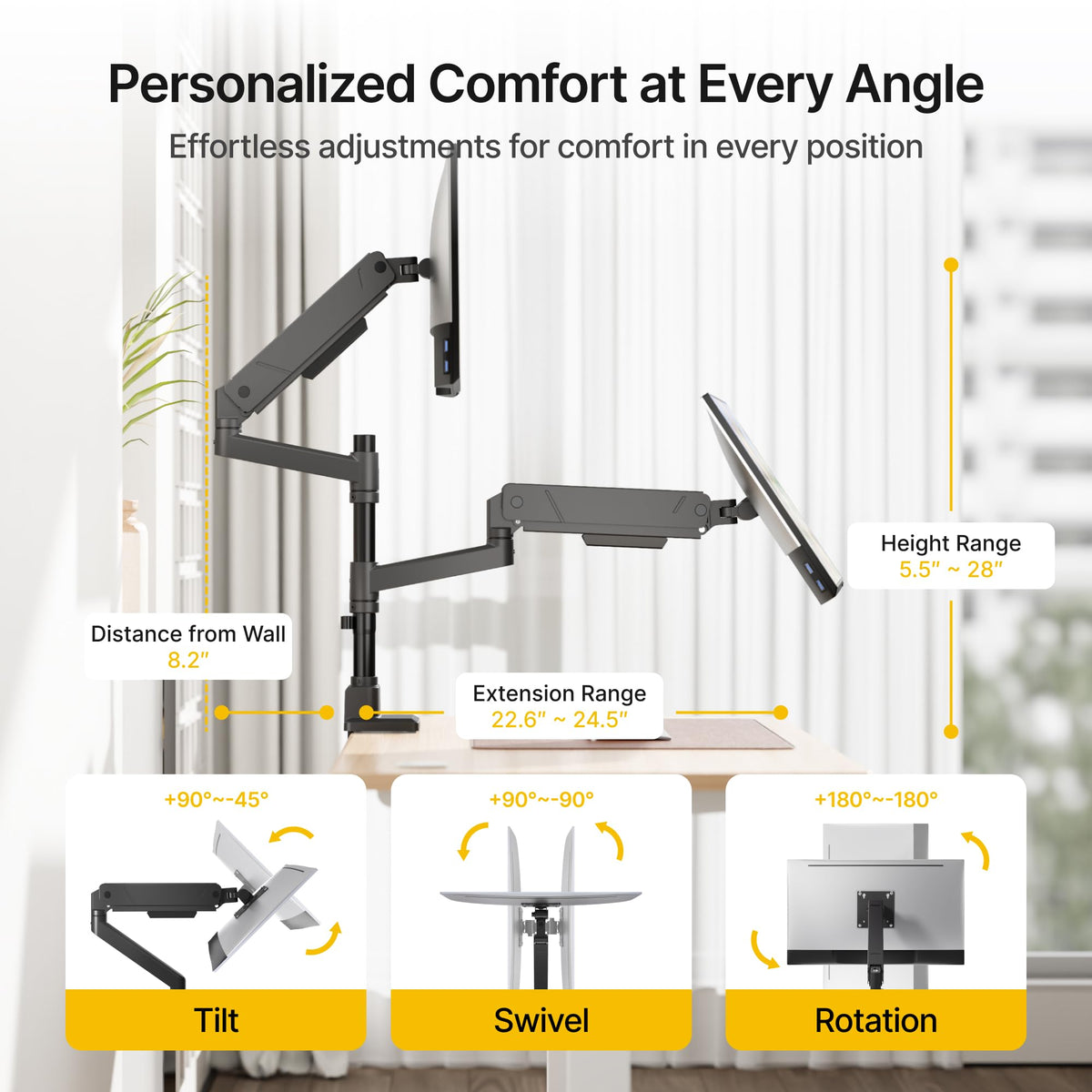monTEK Dual Monitor Mount Tall Monitor arms for 2 Monitors for 17 to 35 Inch Curved Screen Holds 35 Lbs Adjustable Heavy Duty Monitor Desk Mount Cable Management, VESA 75/100mm
