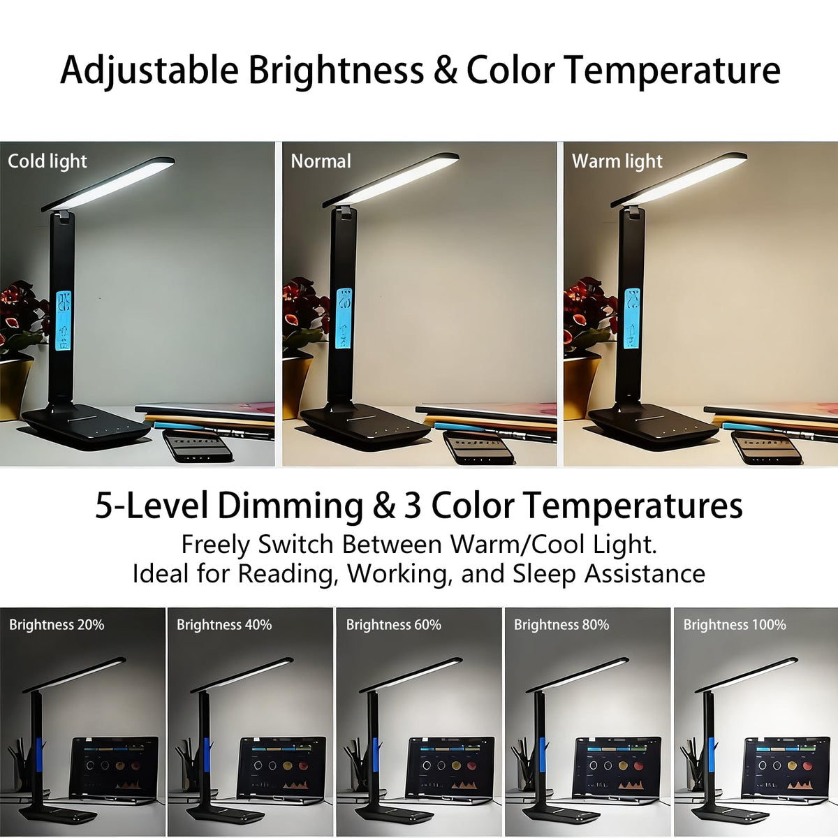M-Xeotei LED Desk Lamp with 10W Wireless Charger & USB Port, Eye-Caring Dimmable Touch Control Lamp with Clock Display, Adjustable Foldable Arm, 5 Brightness & 3 Color Modes for Home Office Study