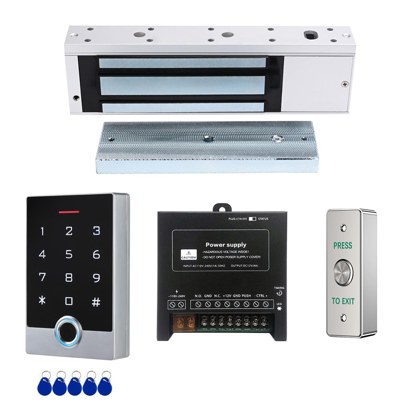Fingerprint Door Access Control System Kit with 1200lbs Magnetic Lock, Metal Keypad Reader, ID Card & Password Entry, Access Power Supply, Exit Button - for Office, Business, Home