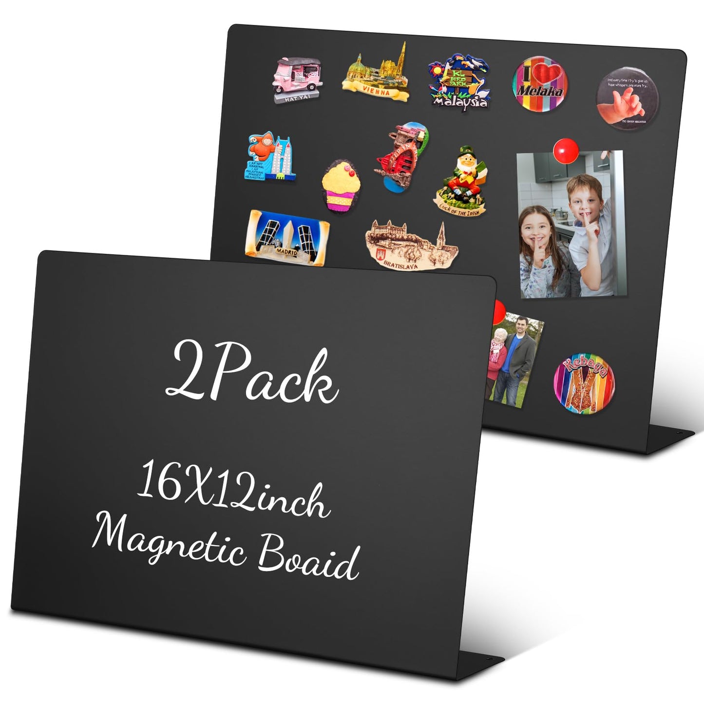 Geyoga 2 Pack Magnetic Bulletin Board with Stand, 16 x 12 Inch Black Magnet Display Board for Memo, Menu, Notes, Photos, for Kitchen Countertop, Office Desk, School