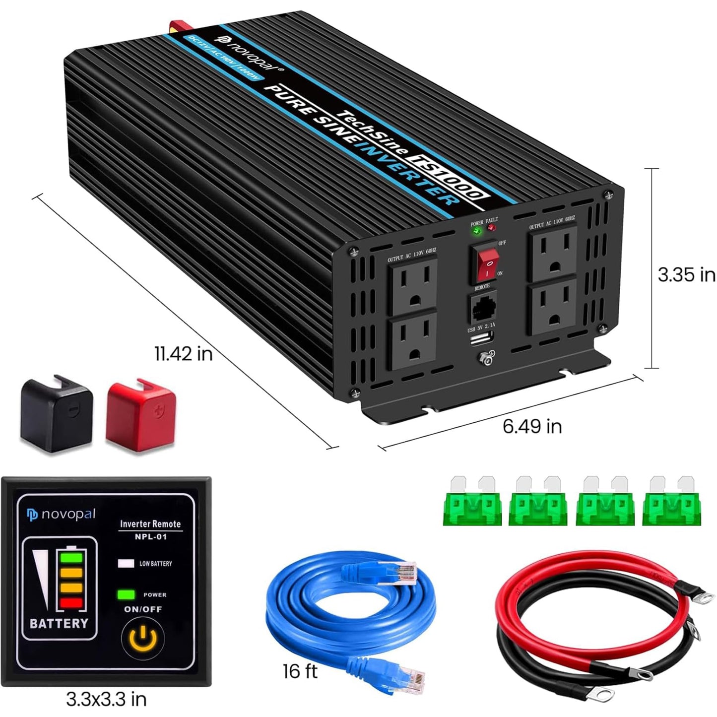 NOVOPAL 1000W Pure Sine Wave Power Inverter 1000 Watt 12V DC to 110V 120V AC,4 AC Outlets, 1 x USB Ports for Off-Grid Solar Car RV Truck Boat with 16FT Wired Remote
