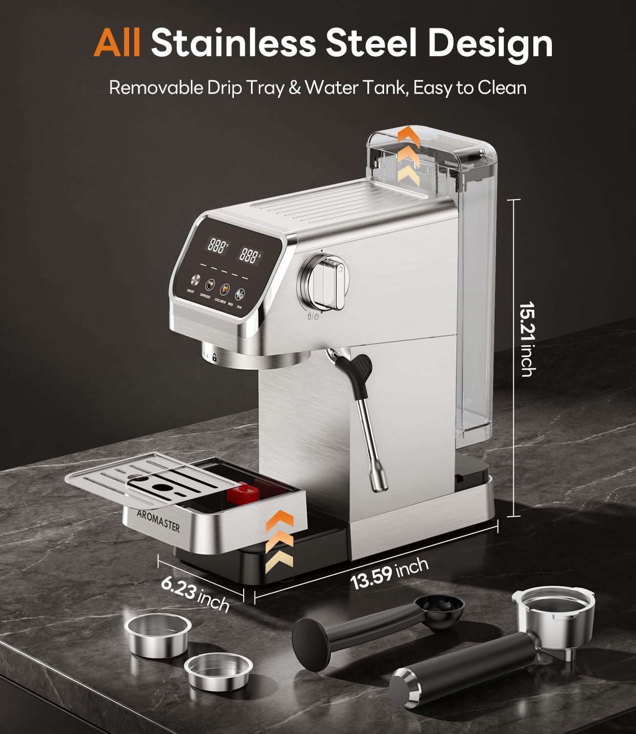 Aromaster Espresso Machine 20 Bar with Milk Frother, Easy to Use Compact Espresso Maker with Touchscreen, Fast Heat 1400W for Latte & Cappuccino, Stainless Steel Coffee Machine for Home & Office