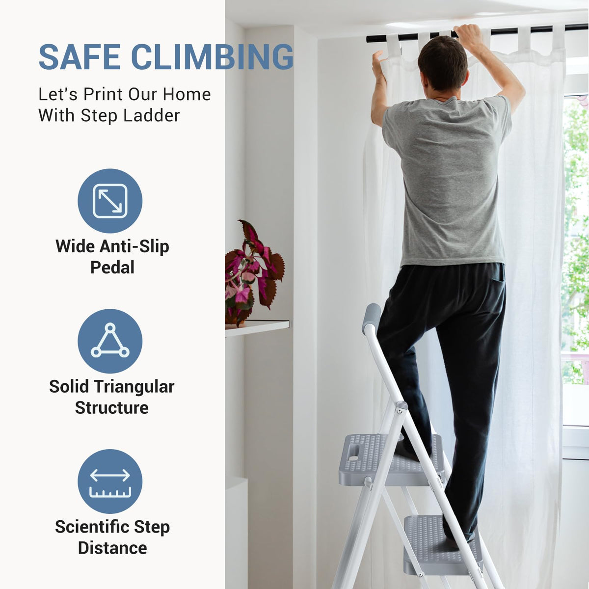 DUMOS Step Ladder, 2 Sturdy Step Stool with Anti-Slip Pedal & Comfortable Handrail, Portable Heavy Duty Step Stool for Kitchen, Garage & Outdoor Use, 800lbs, Grey
