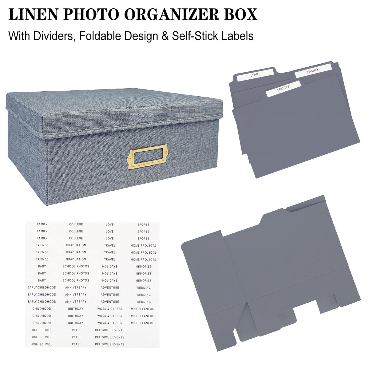 Sprsthai Linen Photo Storage Box – Holds 1700 Photos, 24 Adjustable Dividers & 72 Labels Multi-Use Organizer for Photos, Envelopes, Recipes Beige