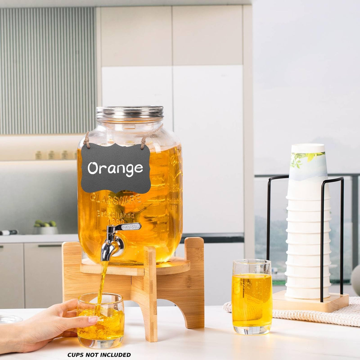 Glass Drink Dispenser with Stand, 1 Gallon Beverage Dispenser for Parties with Cup Holder, Includes Ice & Fruit Infuser, 18/8 Stainless Steel Spigot