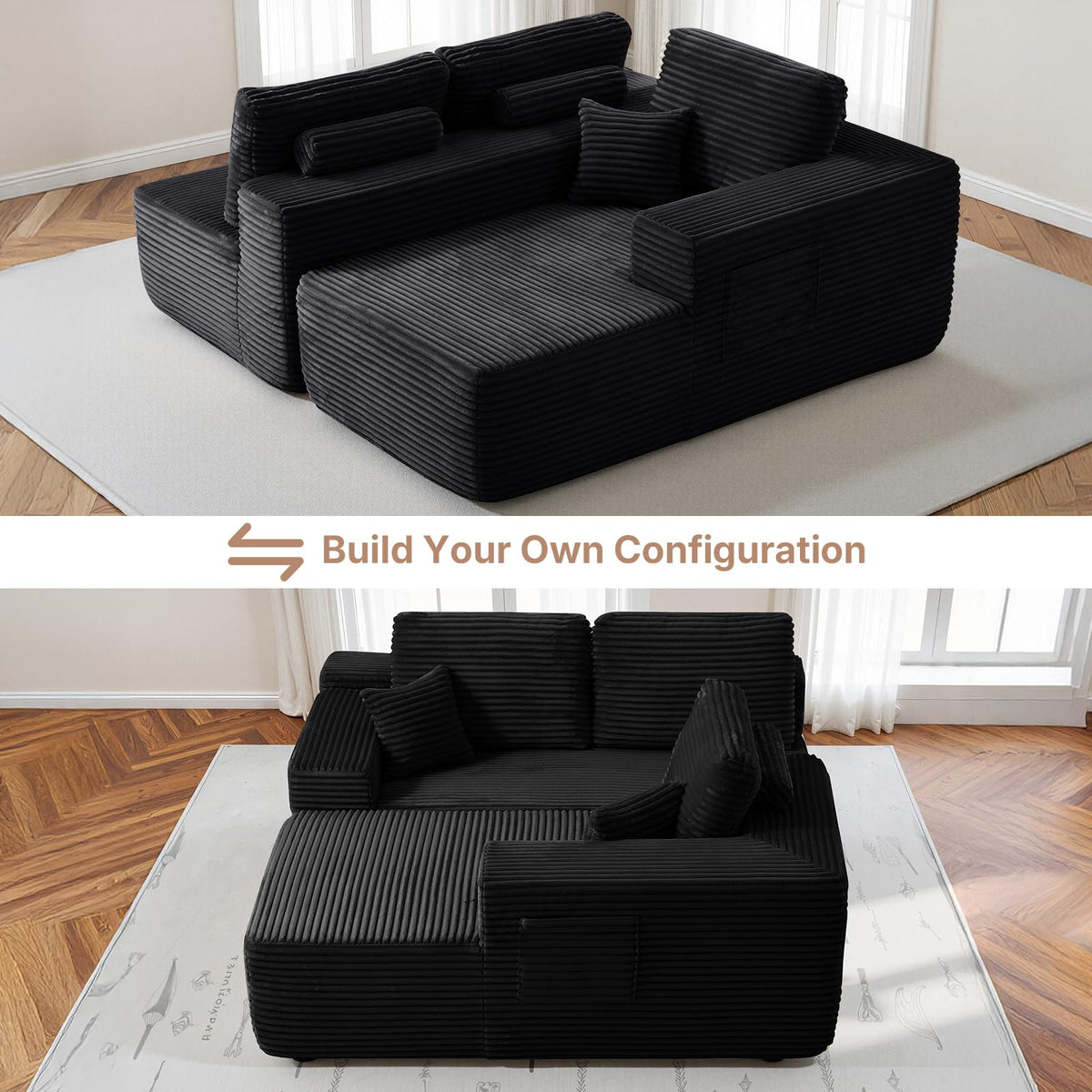 Yafylly 104'' Boneless L-Shaped Sectional Sofa with Throw Pillow & Side Pockets – No Assembly Compressed Modular Couch, Memory Foam Deep Seat for Living Room, Bedroom, Black (Right Facing)