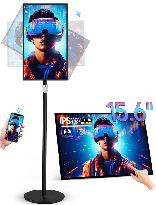 PWR4GTR 15.6" Digital Signage Capacitive Touchscreen Advertising Display with Adjustable Stand, 10000mAh Battery, Android 13 Commercial LCD Monitor with Auto Play, Wireless Screen Mirroring, 4+64GB