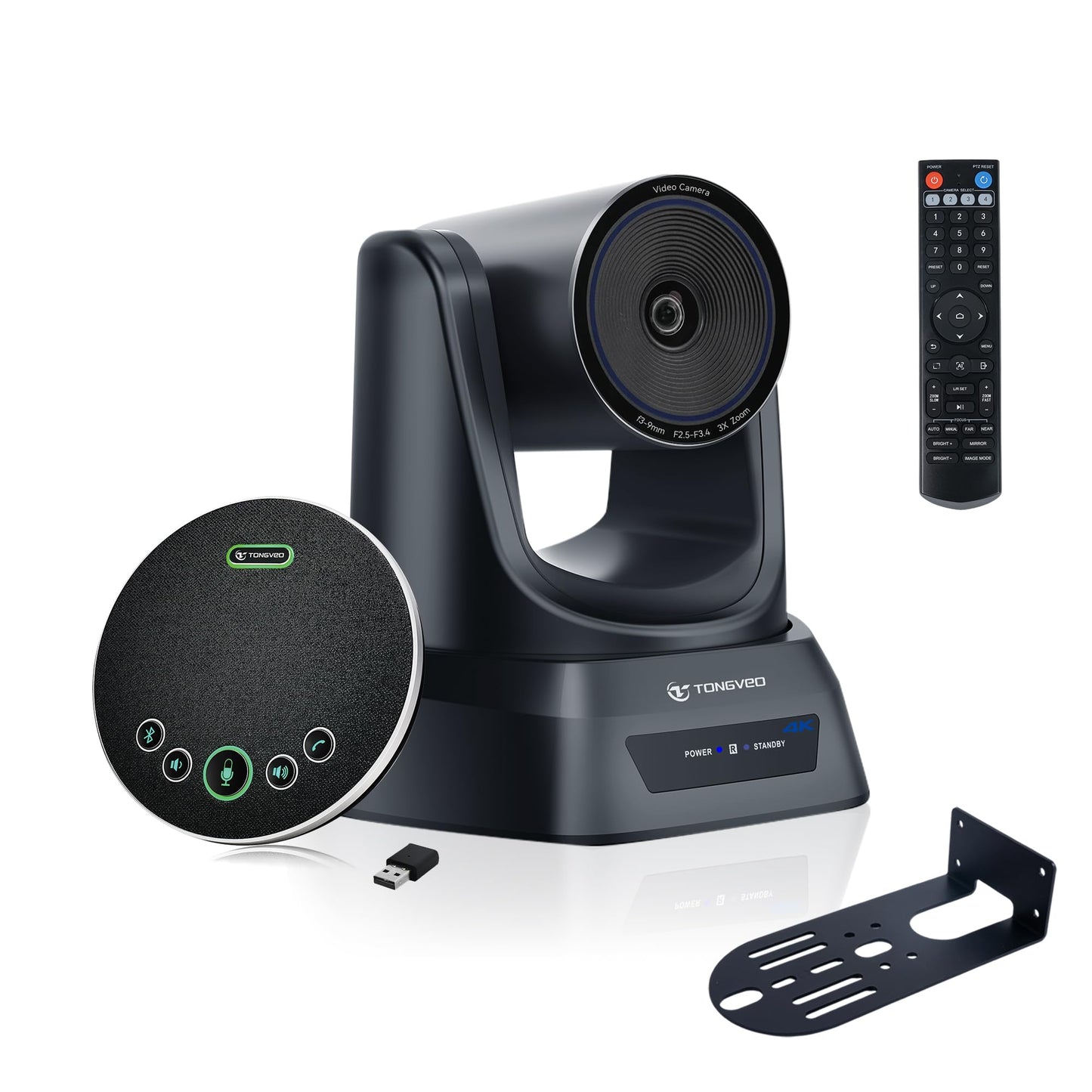 TONGVEO Conference Room Camera System 4K UHD 3X Optical Zoom 93° Ultra-Wide FoV USB3.0 PTZ Camera and Wireless Bluetooth Speakerphone with Microphones, Works with Zoom, OBS, Skype, Teams and More