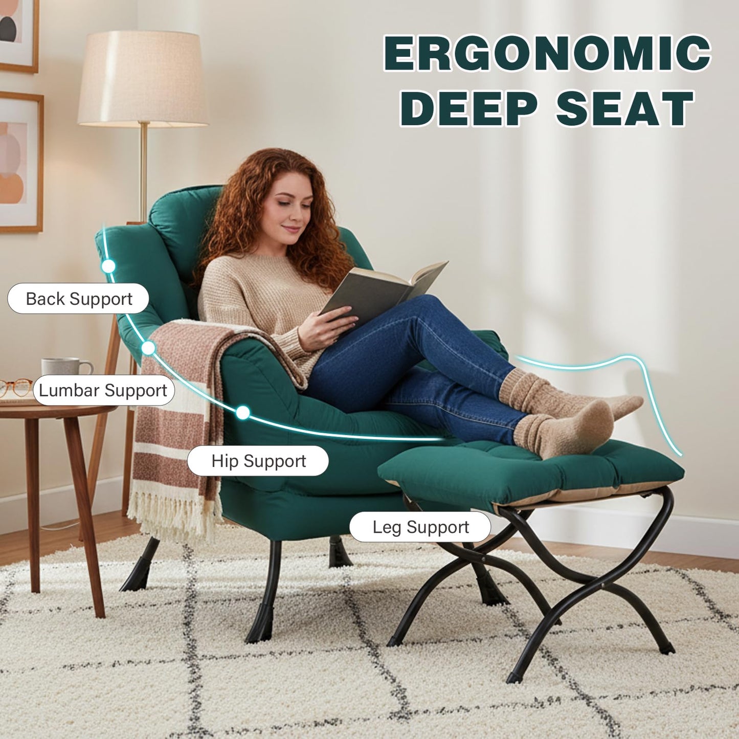 SESHINELL Lazy Chair with Ottoman, Modern Accent Chair Contemporary Sofa Chair with Armrests, Reading Chair and Folding Footstool Set for Living Room, Bedroom, Office