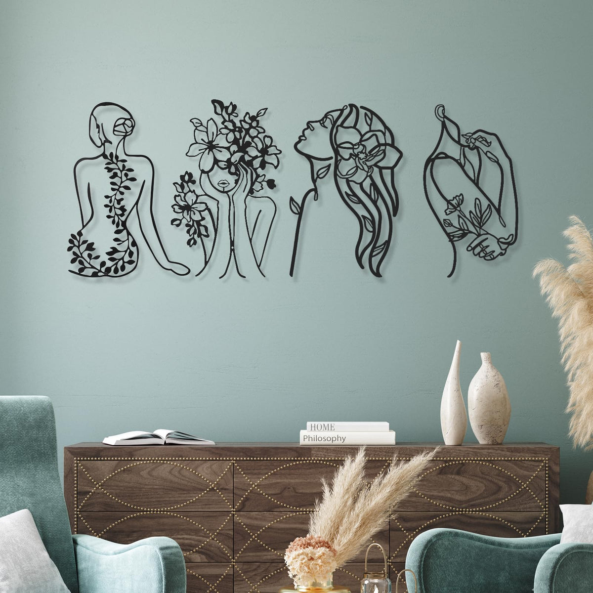 Photect 4 Pieces Metal Wall Art Decor Black Single Line Art Drawing Minimalist Abstract Female Woman Wall Sculptures Hanging Decor Accents for Bathroom Living Room(Modern)