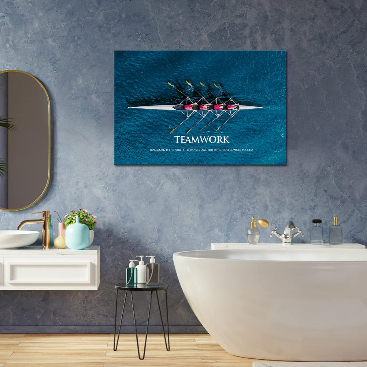 KLVOS Inspirational Success Teamwork Canvas Wall Art Rowing Team on Blue Ocean Framed Motivational Self Positive Office Quotes Picture Gallery Wrap Modern Home Office (24"x36")