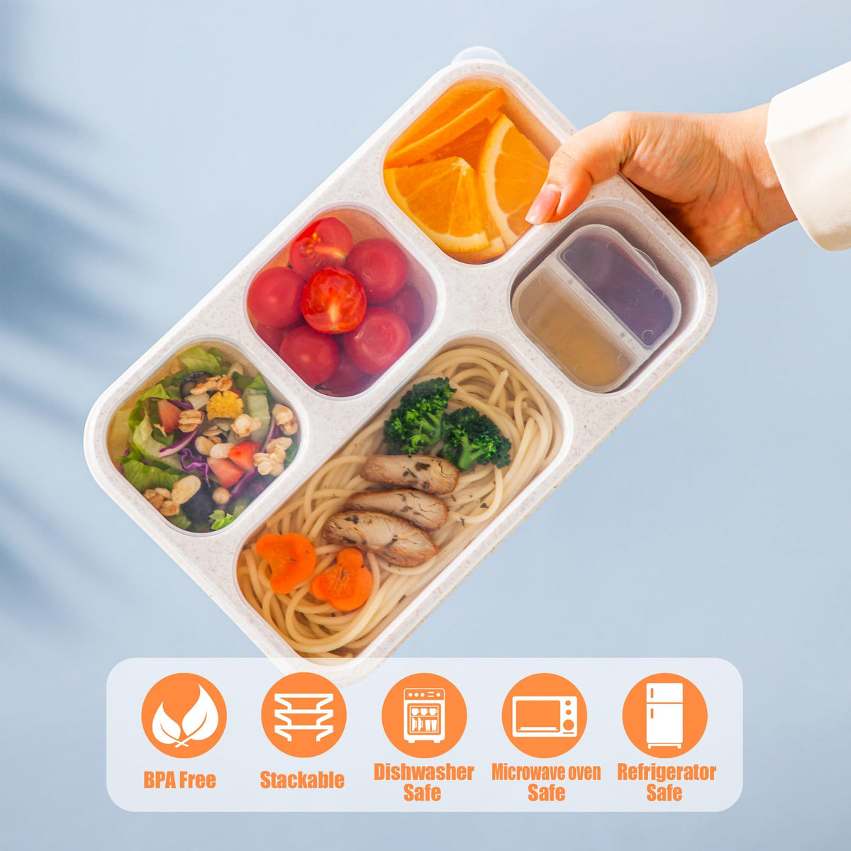 TOUWMX Bento Box Adult, 4 Pack 5 Compartments Meal Prep Container Reusable Food Storage Lunchable Containers with Sauce Containers, Snack Boxes For Adults Bento Box For Kids