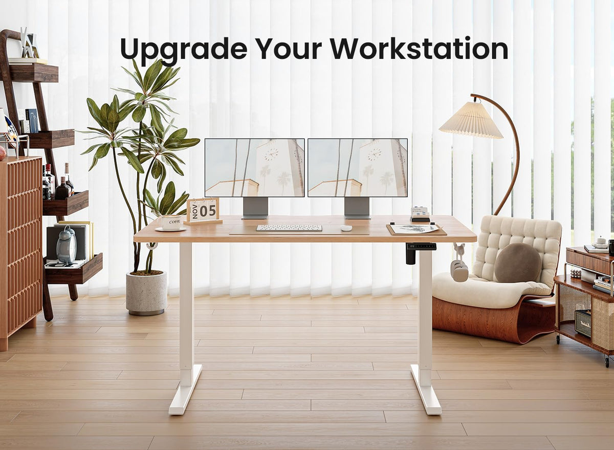 BANTI 48 × 24 Inches Standing Desk, Ergonomic, Electric Height Adjustable, Sit and Stand Up, Computer Office Desk with Splice Board, White Frame/Maple Top
