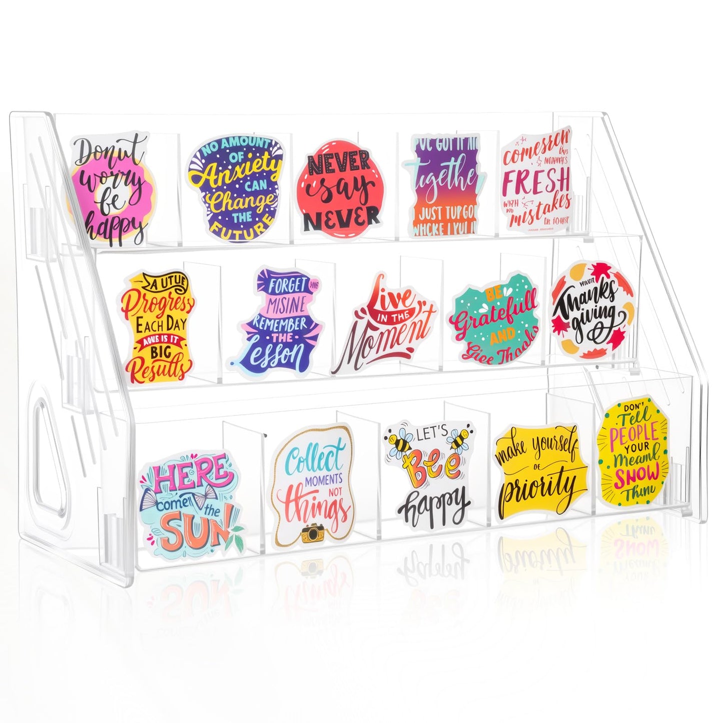 TrendTrust Acrylic Sticker Display Stand with Divided Pockets, Portable Bookmark Holder Tiered Display Stand, Clear Desk Organizer for Home, Retail or Craft Fair Use(15 Pockets, 3 Tier)