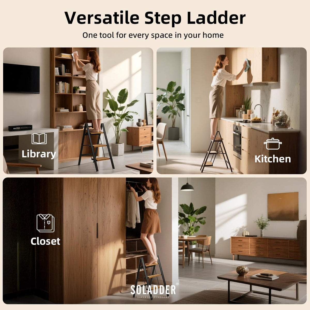 SOLADDER 3 Step Ladder, Anti-Slip and Lightweight Foldable Step Stool for Adults & Kids to Use in Kitchen, Closet and Library, 300lbs(Black&Woodgrain)