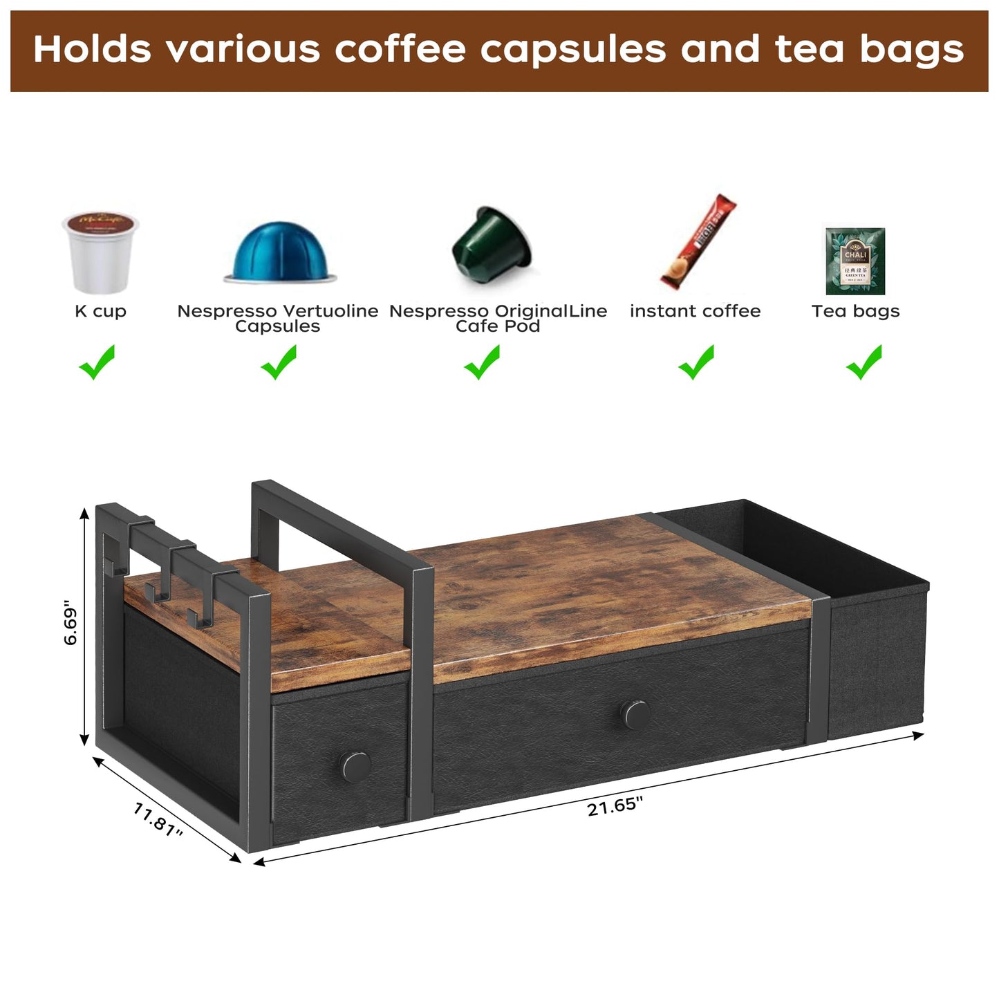 Homeiju Coffee Pod Drawers - K Cup Organizer, Nespresso Pods Holder with Mug Rack, Coffee Holder for Countertop, 52 Capacity Pods, Suitable for Kitchens, Offices and Coffee Bars(Brown)