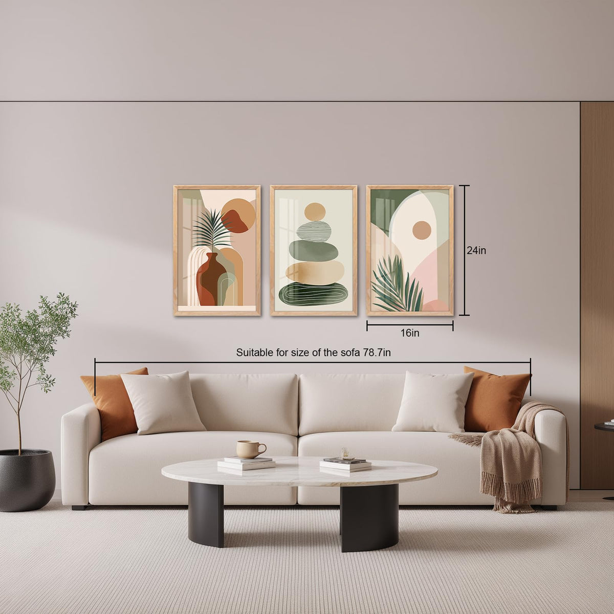 Sage Green Boho Wall Art, Framed Wall Decor for Living Room, 3 Piece Wall Art Decor, Mid Century Modern Minimalist Wall Art for Bedroom, Dining Room, Hotel, Office 24X36IN