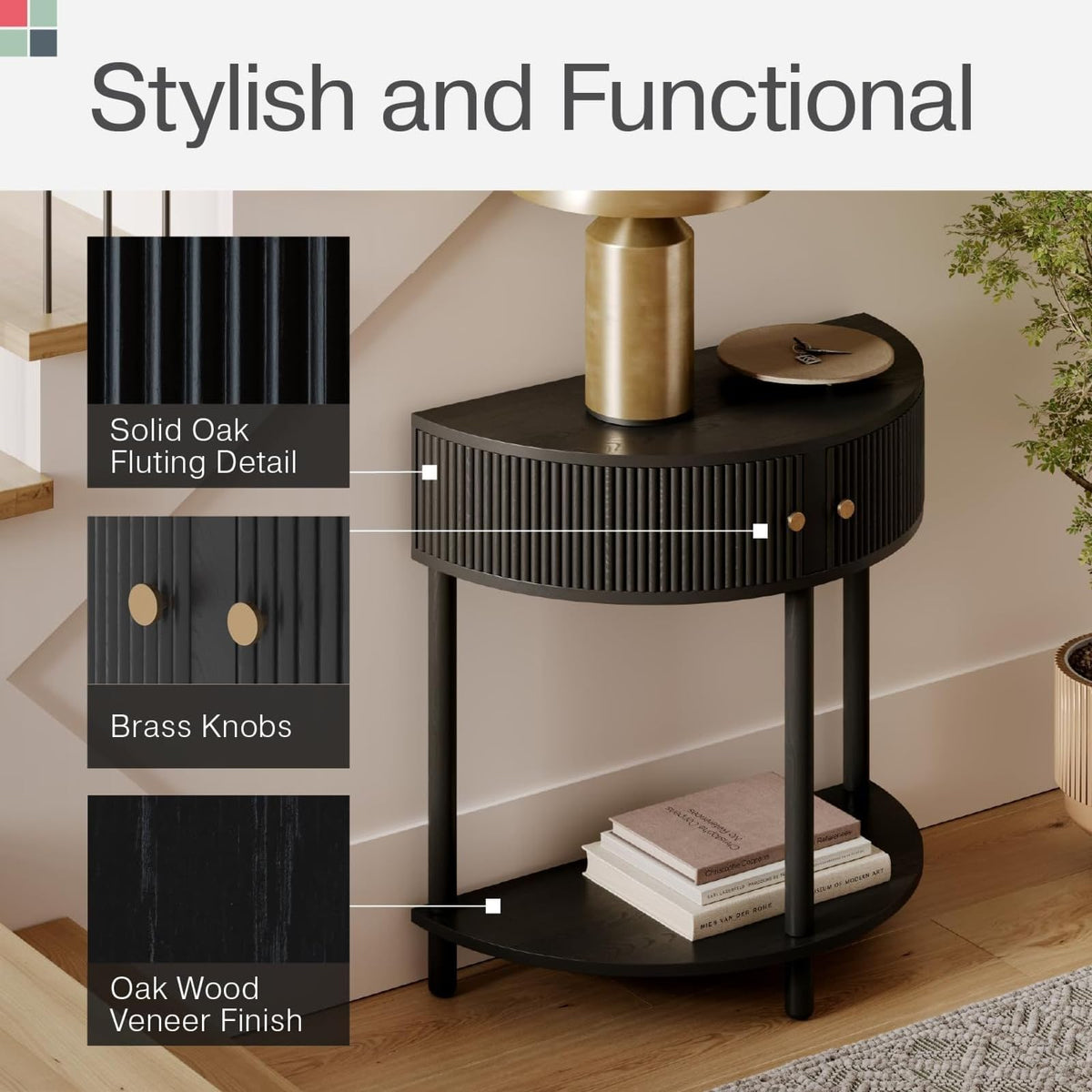 Stead Entryway Table Fluted Half Moon Console - Semicircular, Black Oak Veneer - Hidden Storage with Two Fluted Doors & Brass Knobs - Modern Narrow Console Table for Living Room & Hallway