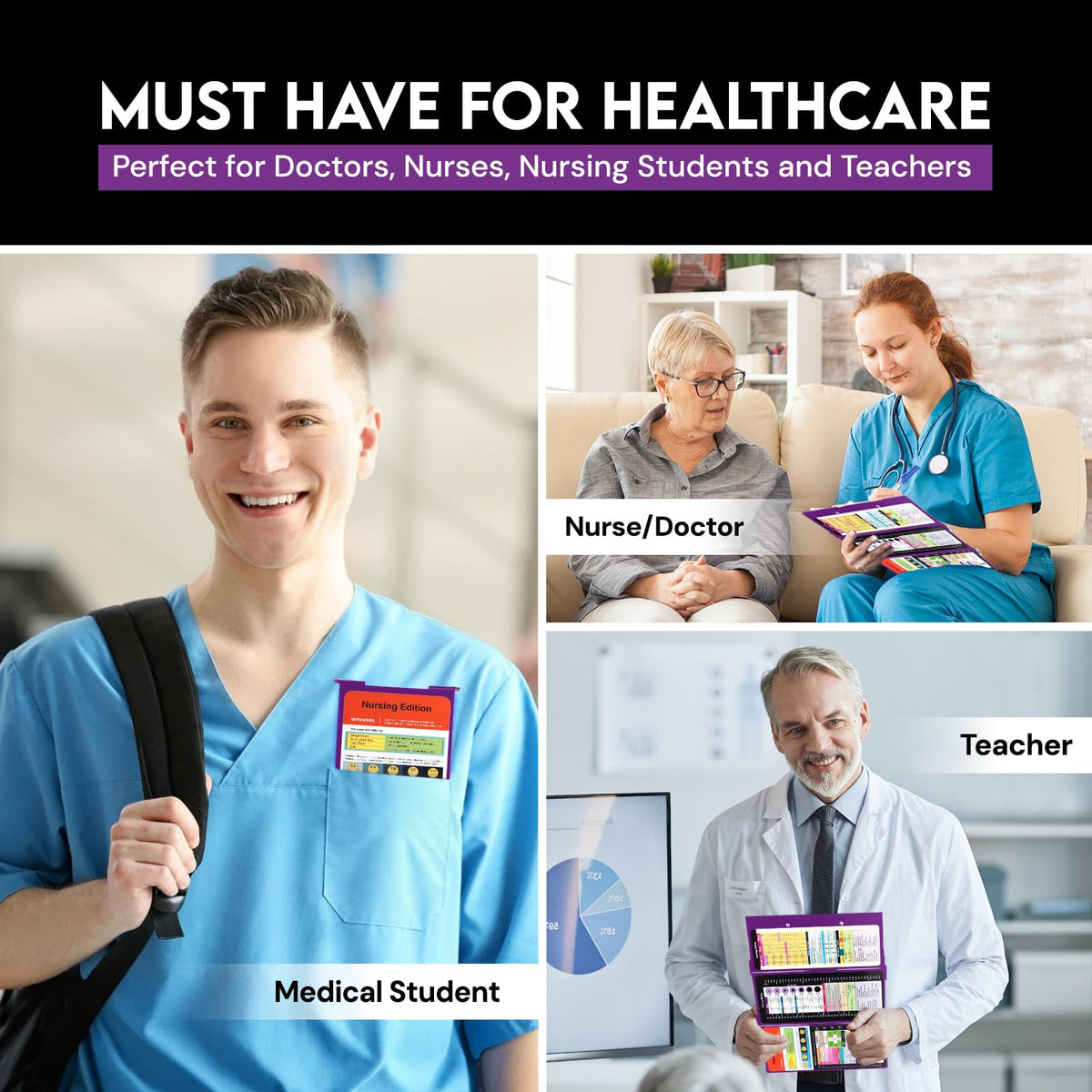 Nursing Clipboard with Nursing and Medical Edition Cheat Sheets 3 Layers Aluminum Foldable Nurse Clip Board Nursing Student Essentials - Foldable Clipboard Nursing Nursing School Essentials (Purple)