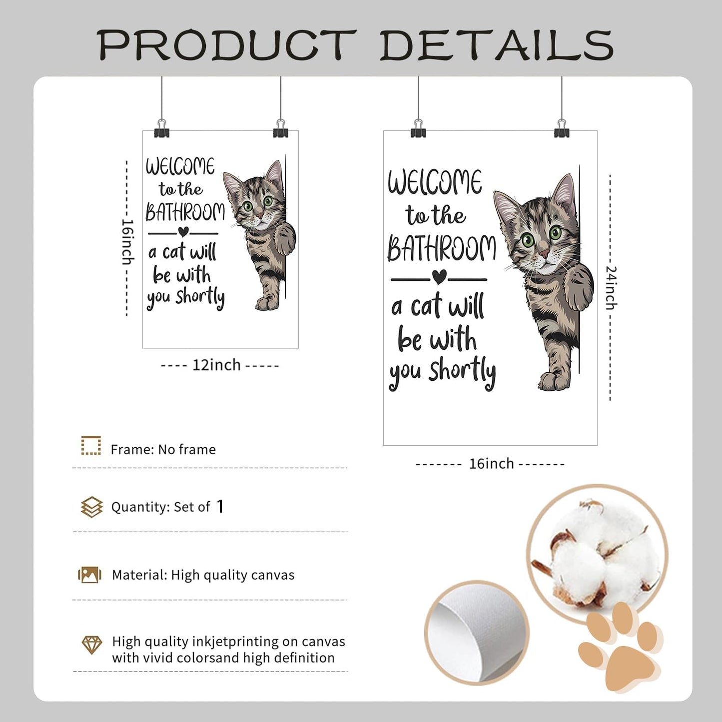HNNXAR Funny Cat Bathroom Wall Art,Welcome To The Bathroom A Cat Will Be With You Shortly Paintings Posters,Black and White Funny Animal Canvas Pictures Prints Wall Decor 16x24in Unframed