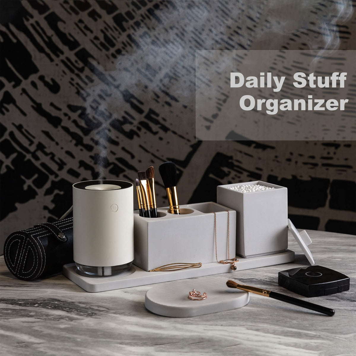 Bathroom Accessory Set Grey, Diatomite, Bathroom Accessories Countertop Complete with Electric Toothbrush Holders, Soap Dish Set