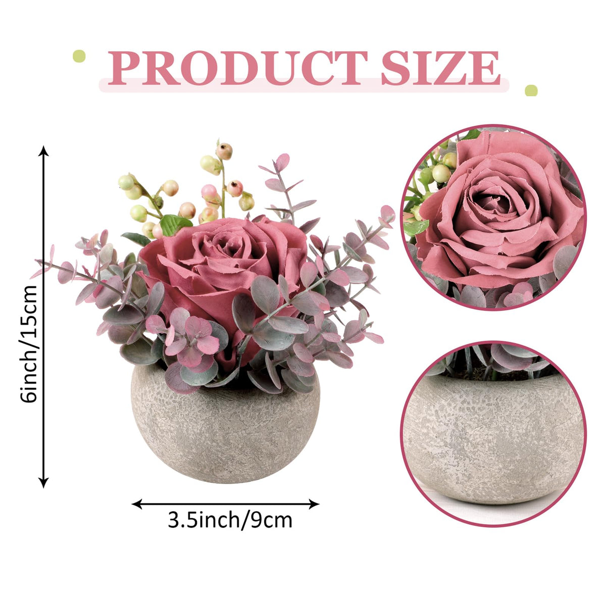 Lovmeety Faux Flowers in Pot, Pink Rose Artificial Flowers with Pot Mini Potted Plants Centerpiece Decor for Home Bathroom Office Desk Shelves Room Decorations