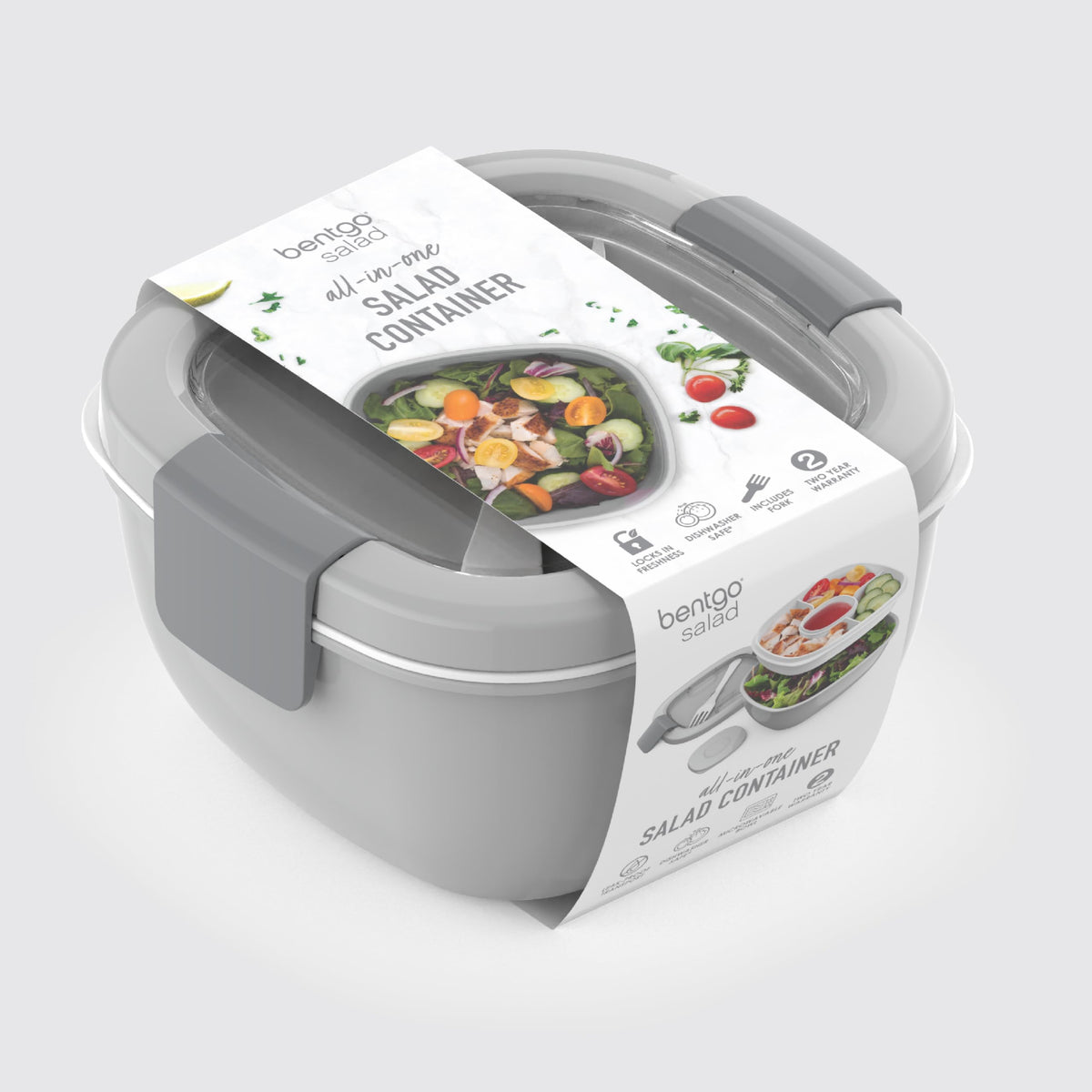 Bentgo Salad Container - 54 oz Bowl with 4-Compartment Toppings Tray, Leak-Proof Dressing Container, Reusable Fork, BPA-Free Lunch Box for Meal Prep & Food Storage; Removable Bento Tray (Gray)