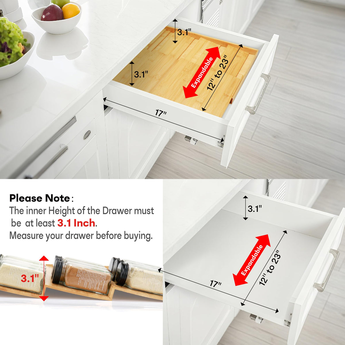 Bamboo Spice Drawer Organizer, (Need 3.1” Deep Drawer) Expandable 4 Tier Spice Rack for Cabinet (From 12" to 23" Wide), Seasoning Storage Insert, Spice Organizer for Drawer,Jars Not Included