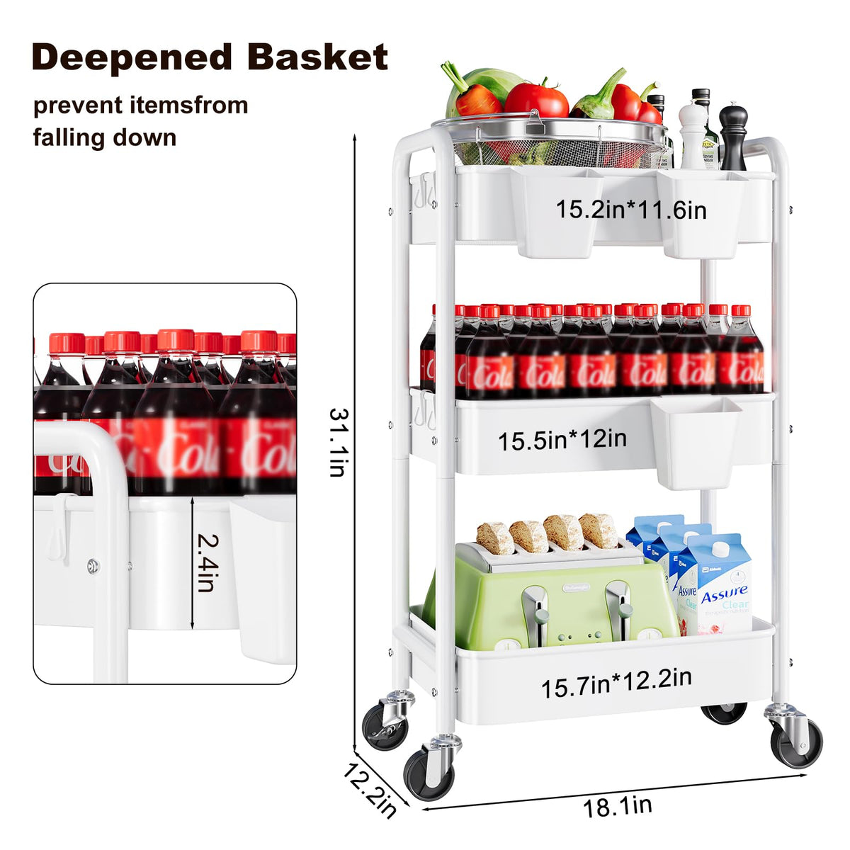 3 Tier Rolling Cart Metal with Wheels, White Three Tiered Craft Cart Organizer on Wheels, Storage Utility Carts for Art, Baby Nursery,Diaper Caddy, Cleaning Supplies, Nail,Lash,Snack,Book,Roller Shelf