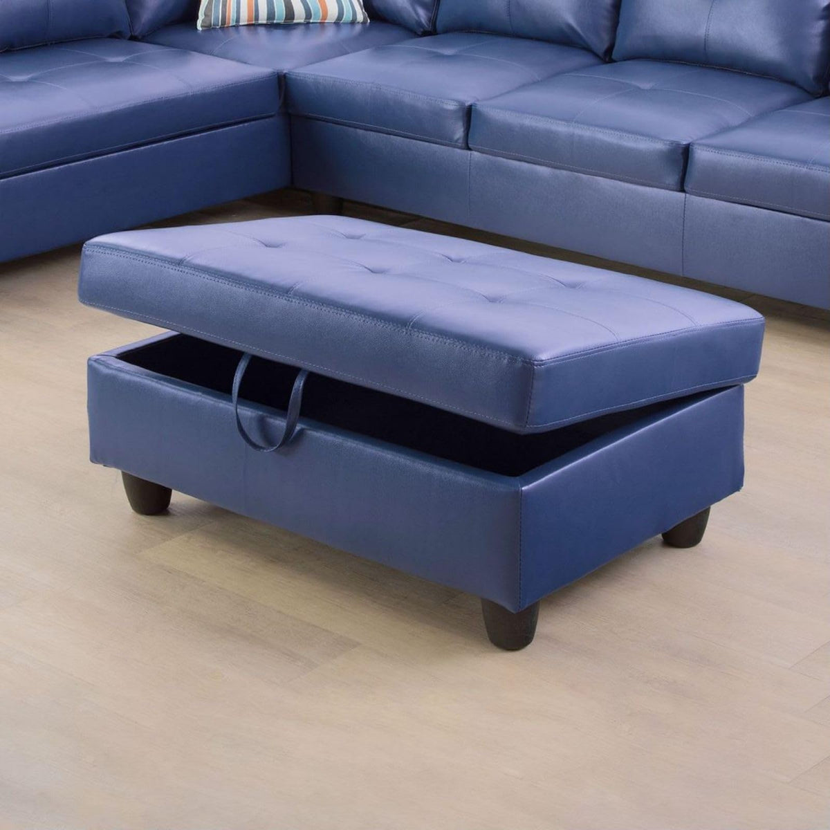 UOCFYK L-Shaped 3-Piece Semi PU Synthetic Leather Sofa with Storage Ottoman Set, Sectional Couch Sofa Set for Living Room, Office, Small Space, Blue