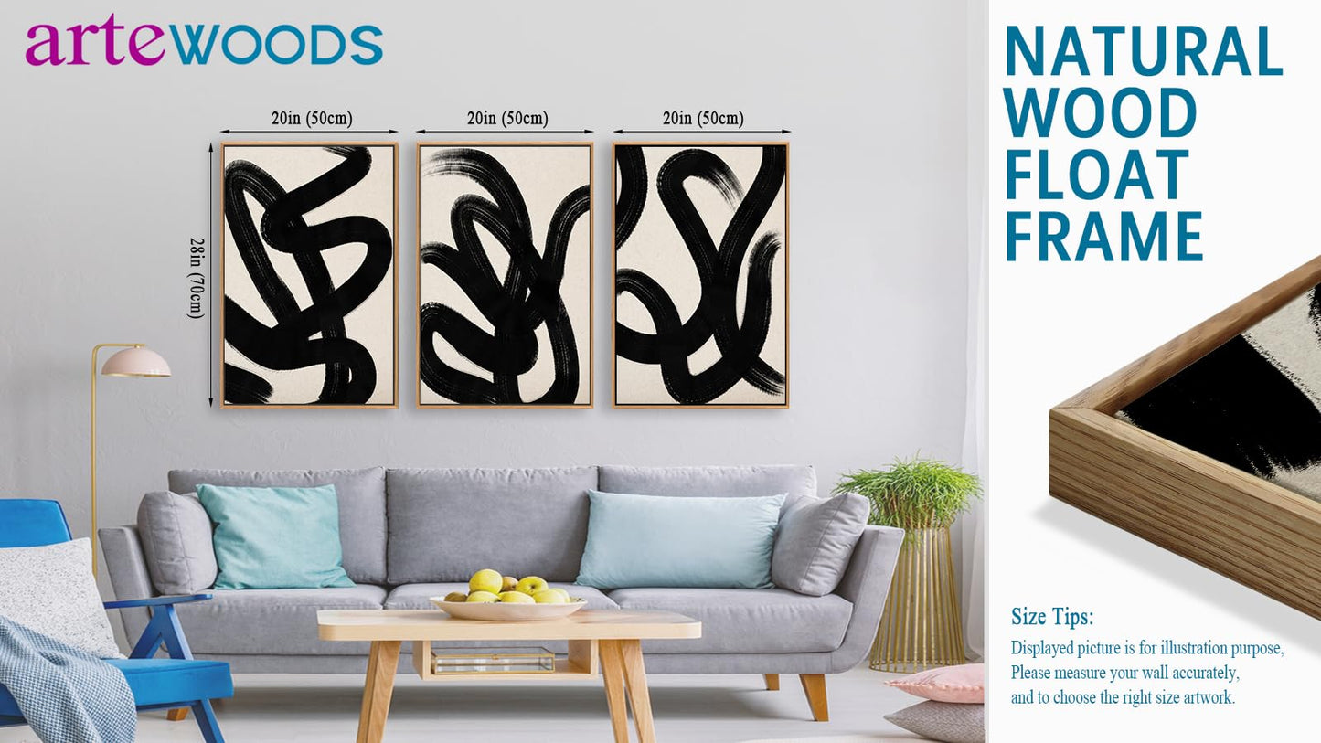 Framed Wall Art Canvas Set Abstract Lines Pictures Modern Mid Century Boho Wall Decor Minimalist Abstract Black Stroke Lines Canvas Painting Artwork Living Room Bedroom Home Office 20"x28"x3 Natural