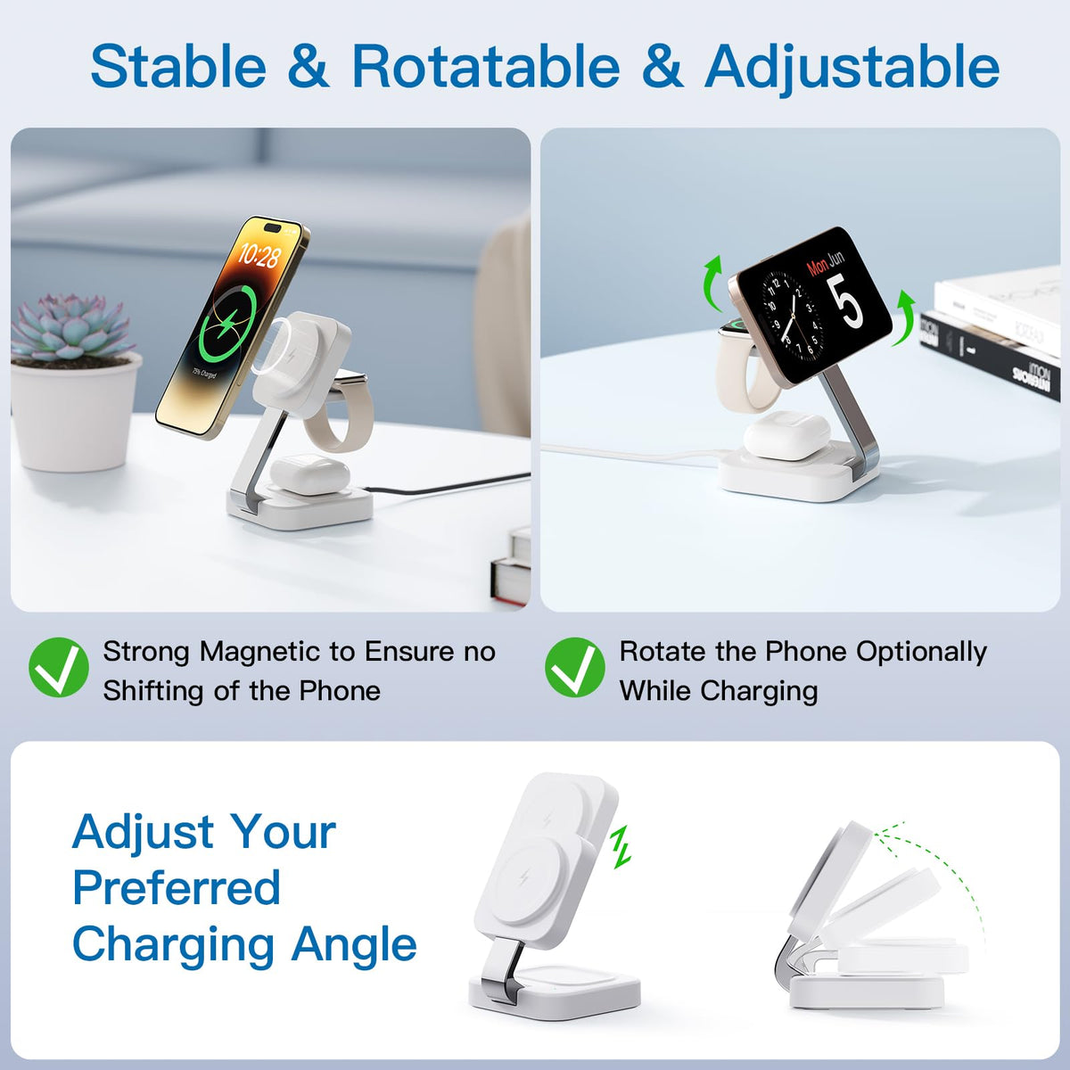 RYND 2026 Traveling Wireless Mag-Safe Fast Charging Station,Magnetic 3 in 1 Charger with iPhone 17 16 15 14 13 12 Pro Max Plus,Apple Watch Series & Air pods 4 3 2 Pro-Gifts for Wife & Husband(White)
