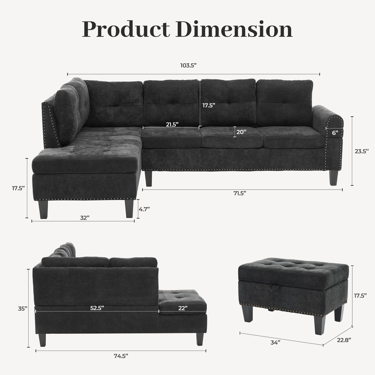 Trygoal L Shaped Couches for Living Room, Sectional Couch Living Room Furniture with Storage Ottoman, Modular Sectional Sofa with Movable Chaise for Apartment Office, Black Grey