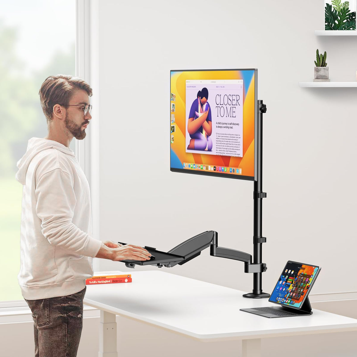 PUTORSEN Sit Stand Monitor Desk Mount for 17-32 inch Screens, Height Adjustable Full-Motion Articulating Arm with Keyboard Tray,19.8 lbs Monitor & 2.2lbs Tray Capacity, C-Clamp & Grommet Mount,Black
