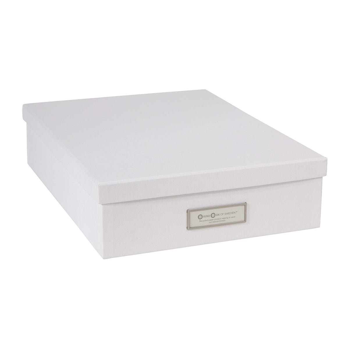 Bigso Oskar Fiberboard Label Frame Document Letter Box - File Organizer Box for Important Paperwork - Durable Document Storage with a Lid & Metal Label Window - 3.3 in x 10.2 in x 13.8 in - White