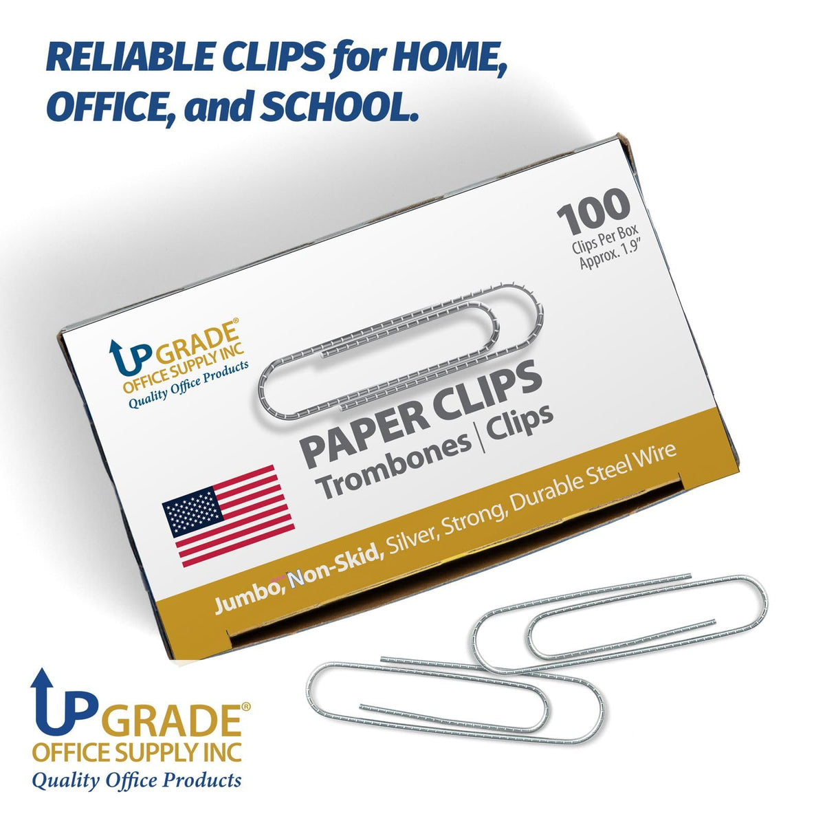 Upgrade Office Supply Jumbo Paper Clips, Non Skid, 1.9 Inch, 1000 Count (10 Boxes of 100), Silver, Made in USA