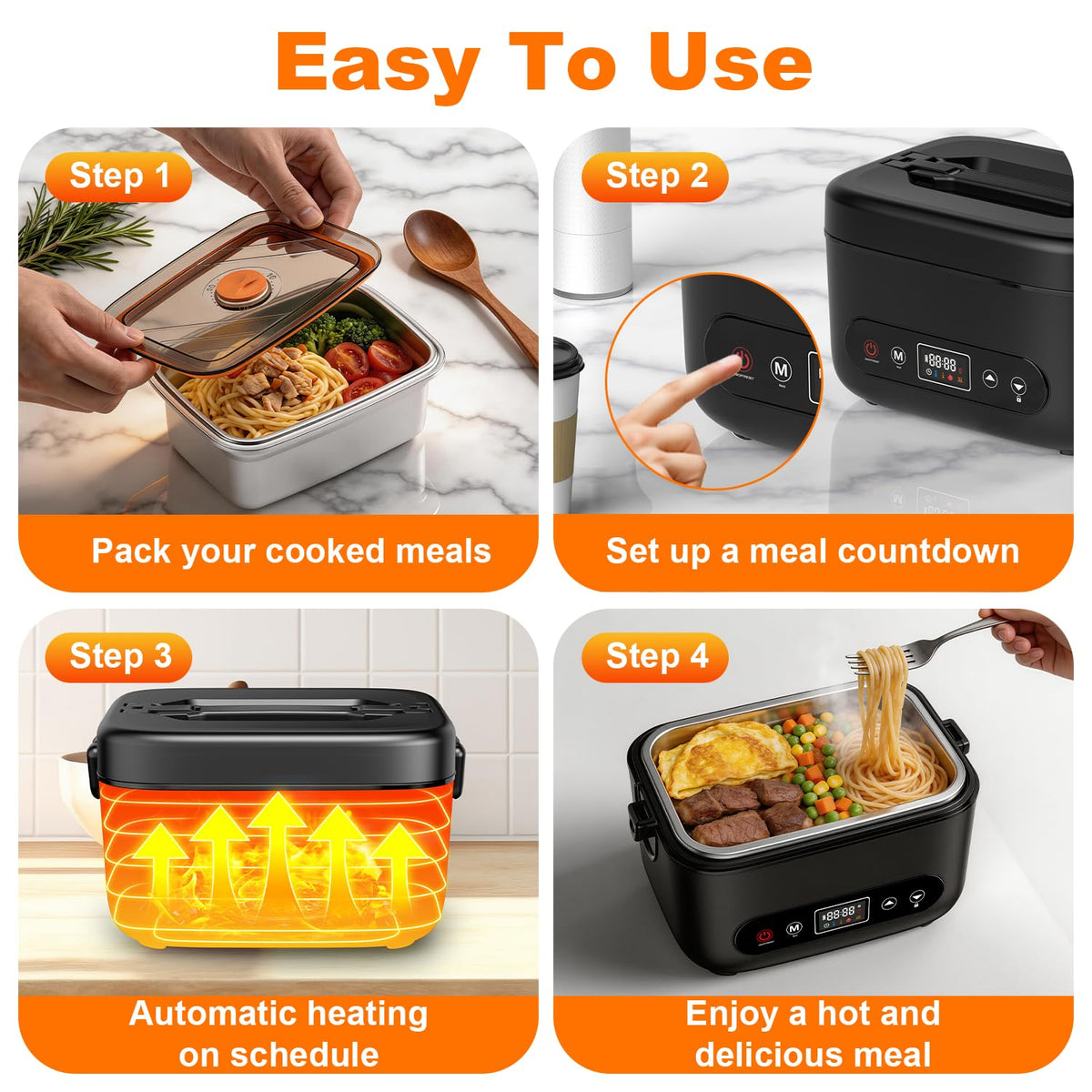 Cosy Life Cordless Electric Lunch Box with 24000mAh Long-Lasting Battery, 1.2L 304 Stainless Steel Food Warmer & Insulated Bag for Hot Meals at Office, on Travel & Outdoors