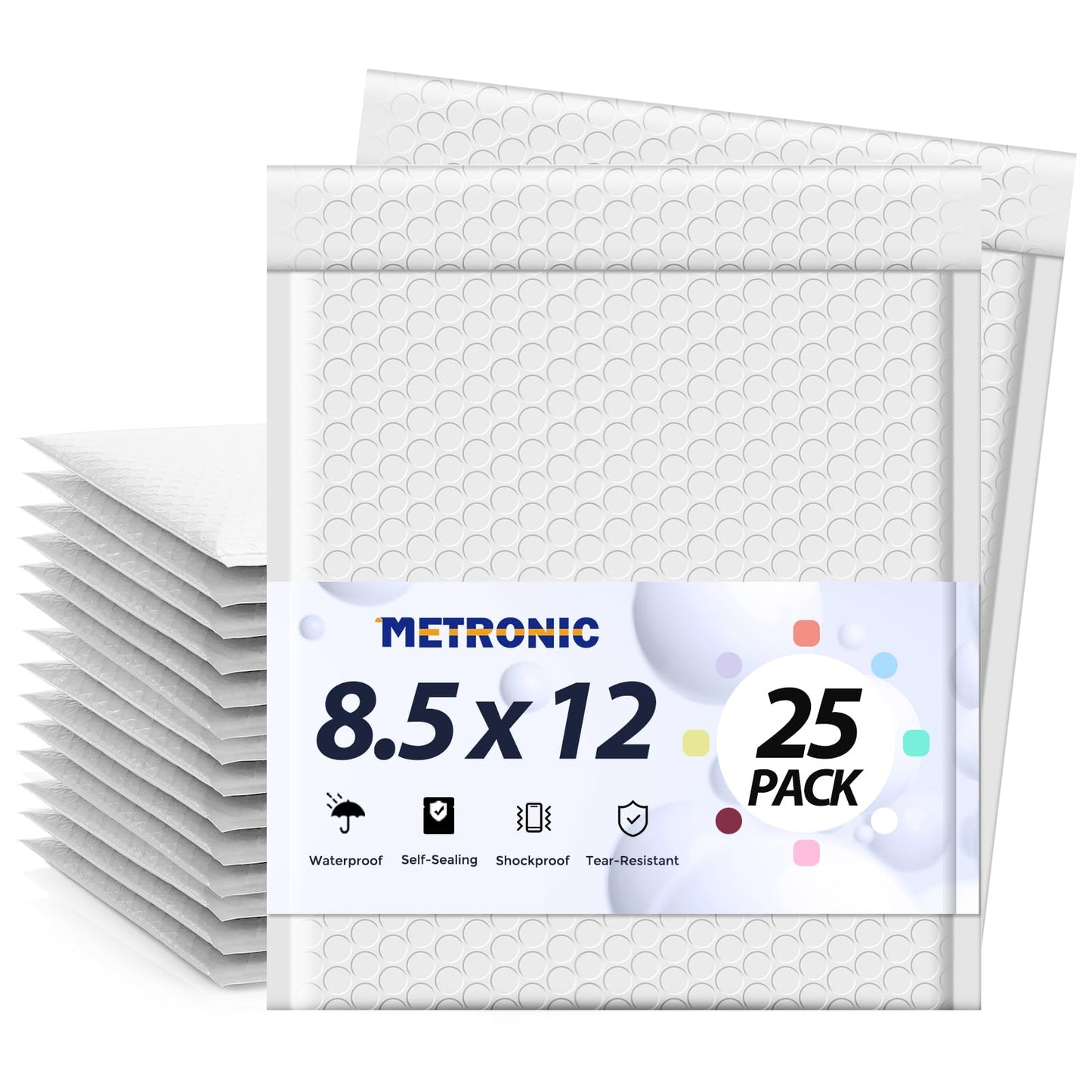 METRONIC Bubble Mailers 8.5 x 12, 25 Pack White Padded Envelopes, Usable Size 8.5 x 11, Self Seal Waterproof Shipping Mailers for Clothing, Books, Jewelry & Small Business