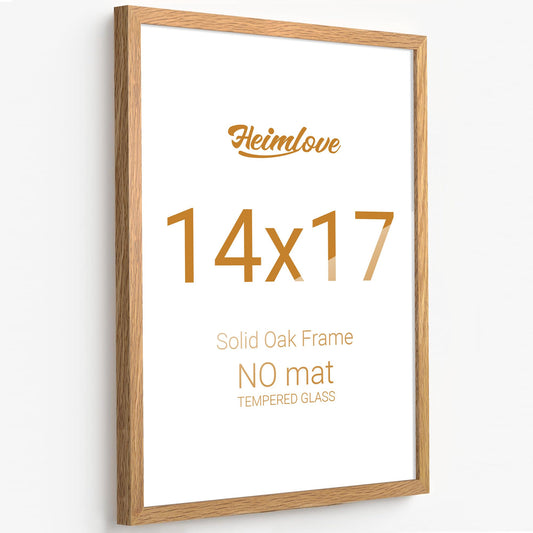 Heimlove 14x17 Picture Frames Solid Oak Wood,14 x 17 Photos Frame with Tempered Glass,Wall Gallery Poster Frame with No Mat,Horizontal and Vertical for Wall Mounting,Home Office Decoration,Natural Oak Color