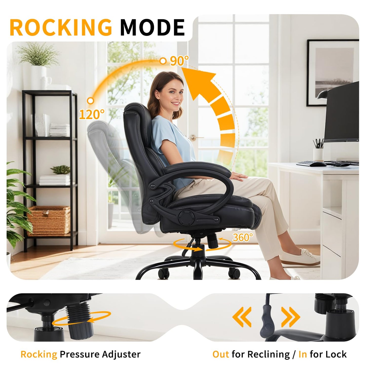 BestOffice Big and Tall Heavy Duty Office Chair 400lbs Wide Seat Ergonomic Computer Desk Chair with Arms and Lumbar Support High Back PU Leather Executive Task Computer Chair for Back Pain, Black