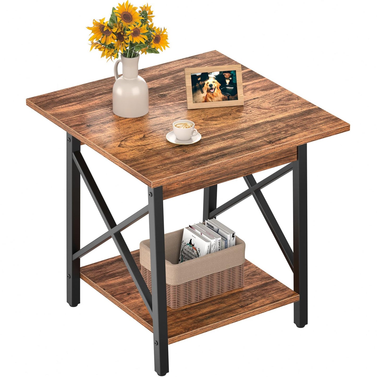 GreenForest End Table 24 inch for Living Room, Large Square Side Tables with X-Frame, Tall Industrial Bedside Nightstand with 2-Tier Storage, Rustic Walnut